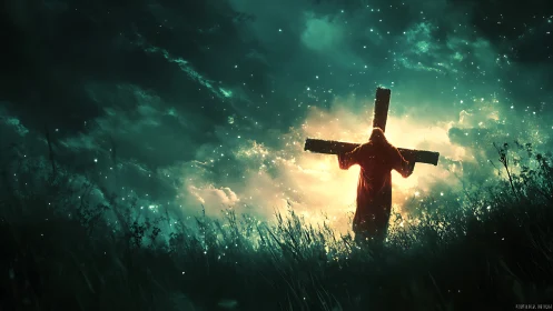 Hooded figure carrying cross in glowing night field scene.