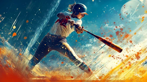 Dynamic digital illustration of baseball batter mid swing.