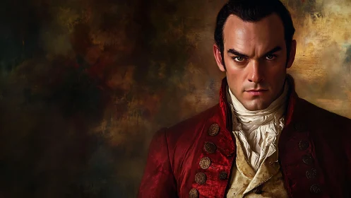 Intense 18th century officer gazes forward in rich light