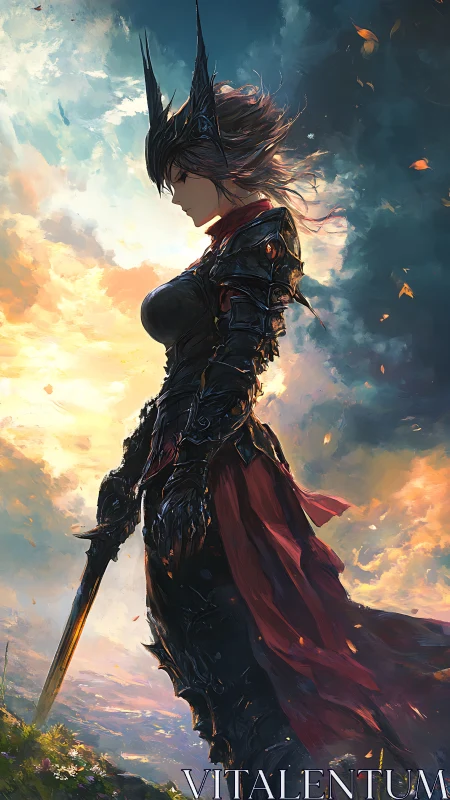 Armored warrior silhouette against stormlit fantasy sky.