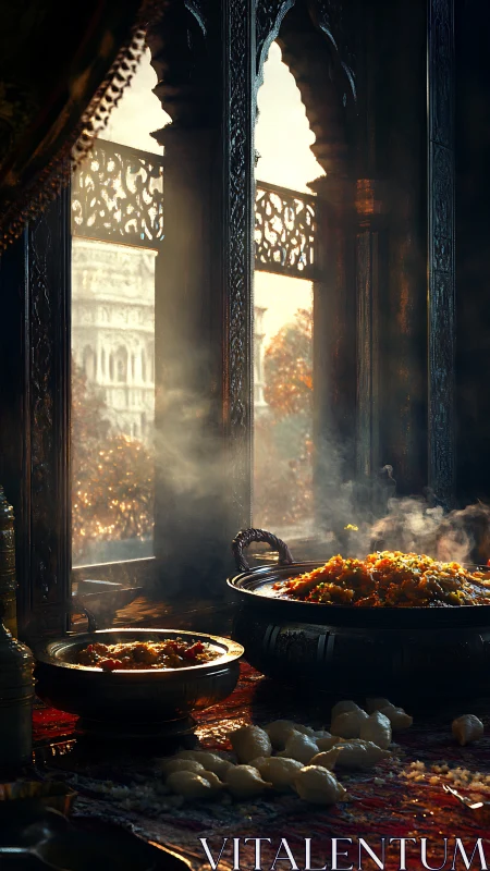 Steaming royal feast inside ornate Indian palace window.