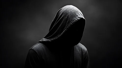 Hooded figure in shadowed studio with obscured facial detail.