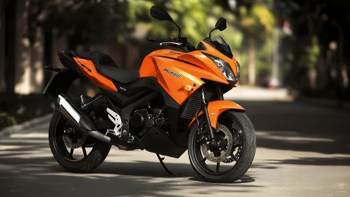 Orange sport-touring motorcycle with aerodynamic street fairing.