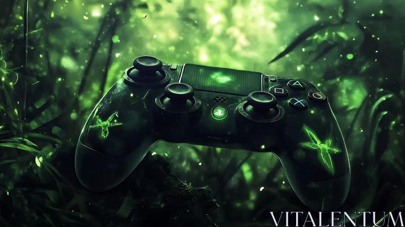 Gaming Controller Immersed in Luminous Bioluminescent Forest.