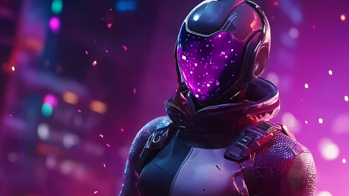 Cybernetic pilot stands in neon city with luminous visor