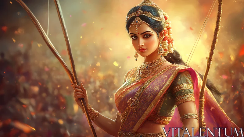 Radiant warrior princess poised with bow in golden storm.