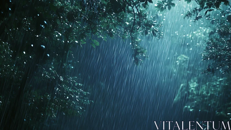 Rainfall through forest canopy with backlit illumination