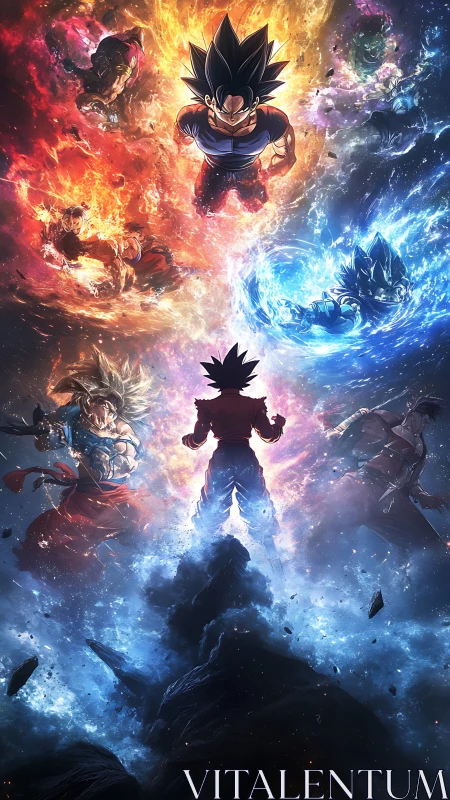 Vertical anime power clash unifying fiery and icy auras