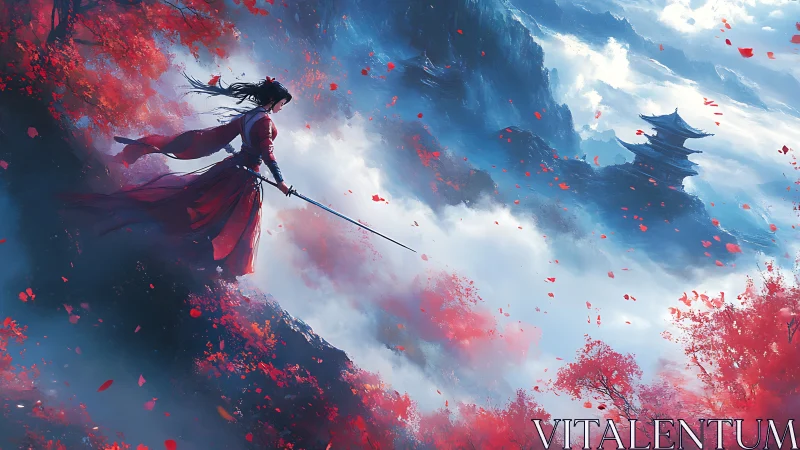 Samurai on crimson ridge in atmospheric fantasy landscape.