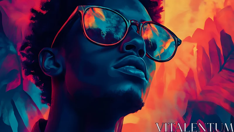 Bold portrait glows in neon colors and reflective sunglasses