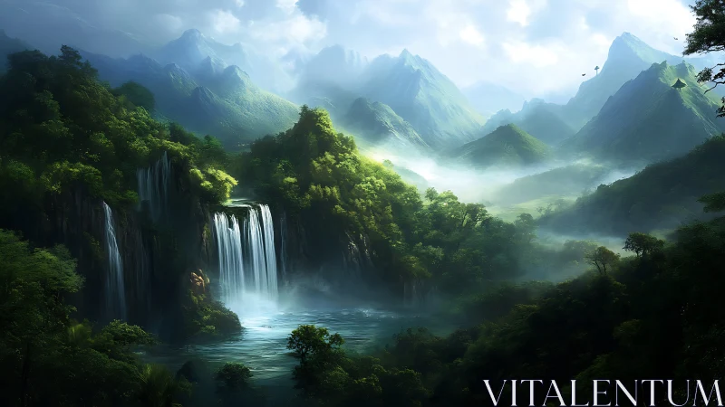 Layered waterfalls cascade through misty, densely forested valley