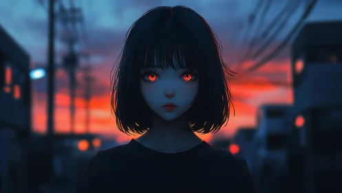 Girl with glowing red eyes in neon dusk street scene.