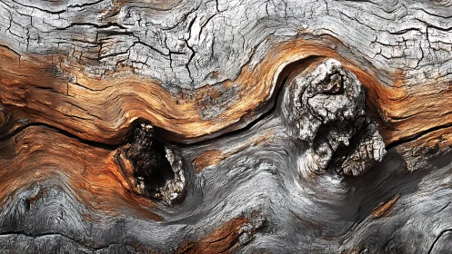 Weathered tree bark close-up with natural swirling patterns.