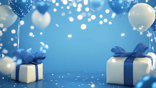 Blue and White Gift Boxes with Balloons and Bokeh.