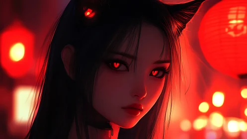 Fox-eyed night siren under neon red lantern glow.