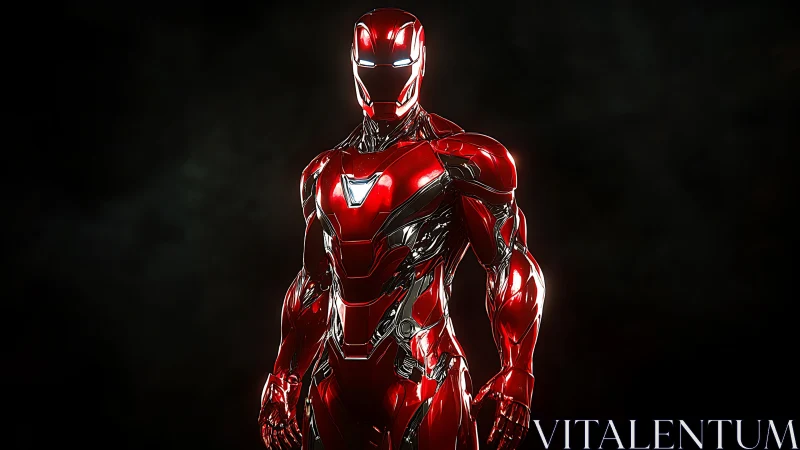 Chrome-red armored hero glowing in a smoky nightscape.