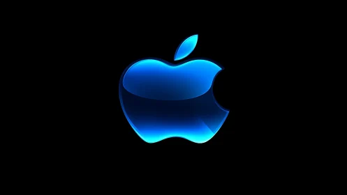 3D blue glass apple emblem on deep black minimalist field.