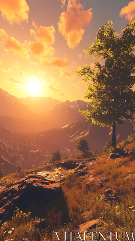 Golden mountain valley sunset with glowing ridgeline path.