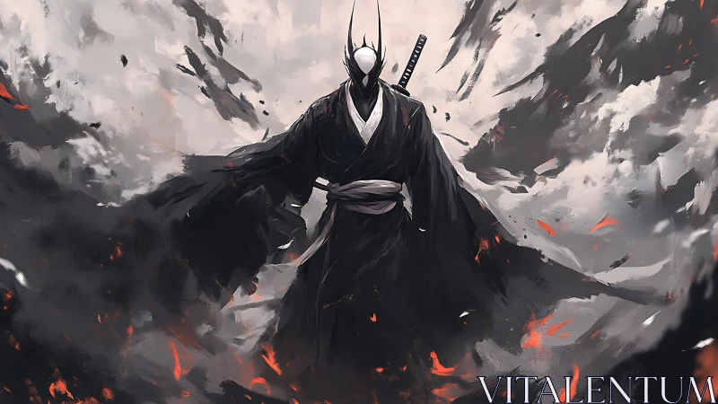 Masked robed swordsman stands amid abstract smoke and embers