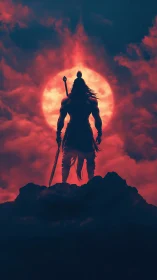 Warrior silhouette dominates molten crimson sun horizon