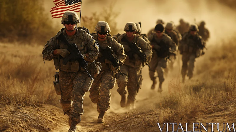 Desert infantry squad advances through golden battlefield dust.