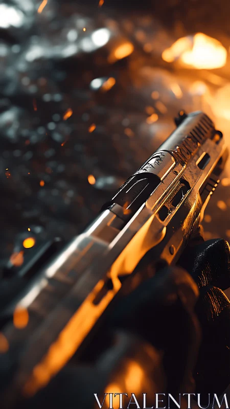 Close-quarters pistol macro with molten bokeh ignition field.