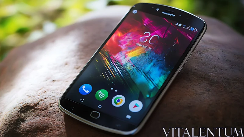 Curved screen smartphone on rock in natural daylight.