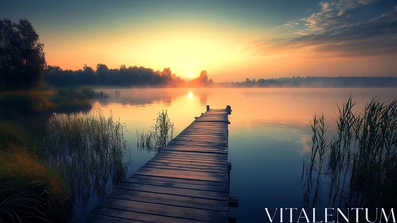 Quiet sunrise over a misty lakeside wooden pier.