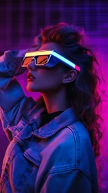 Woman in neon visor glasses under magenta and blue lighting.