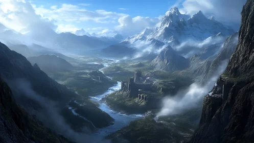 Epic mountain valley fortress under sweeping storm clouds.