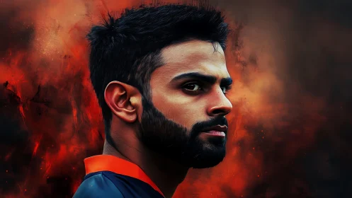 Fiery portrait of focused athlete against blazing storm sky.