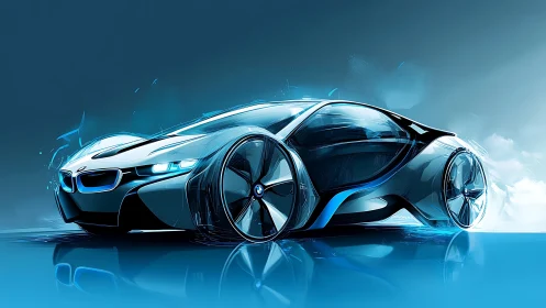 Futuristic electric concept car rendered in dynamic cyan light