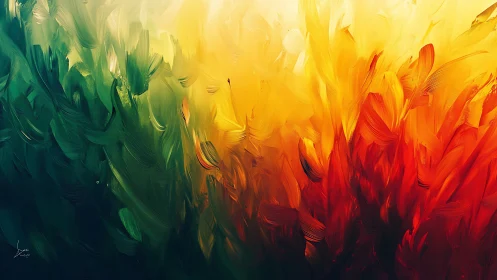 Colorful brushstrokes rise like glowing flames and cool waves