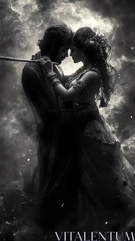 High-Contrast Monochromatic Silhouette Couple in Romantic Embrace with Volumetric Atmospheric Effect