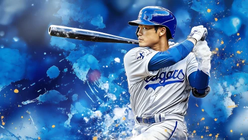 Powerful baseball swing painted in bold electric blues