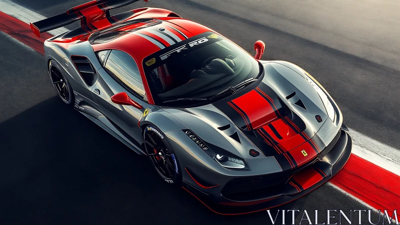 Ferrari track hypercar in red grey livery on pit lane.