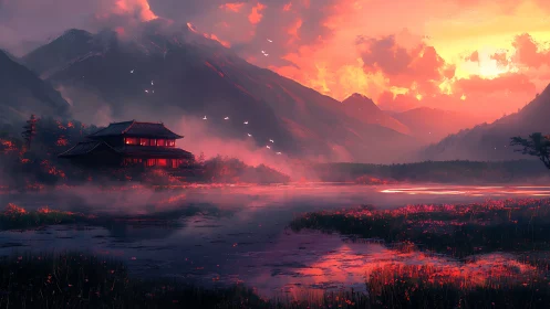 Asian temple landscape at dusk with mountains and reflective water