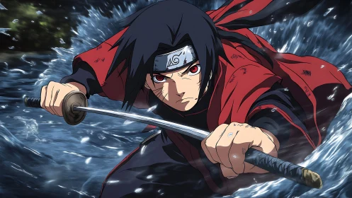 Storm-slicing ninja rushes forward through crashing water.