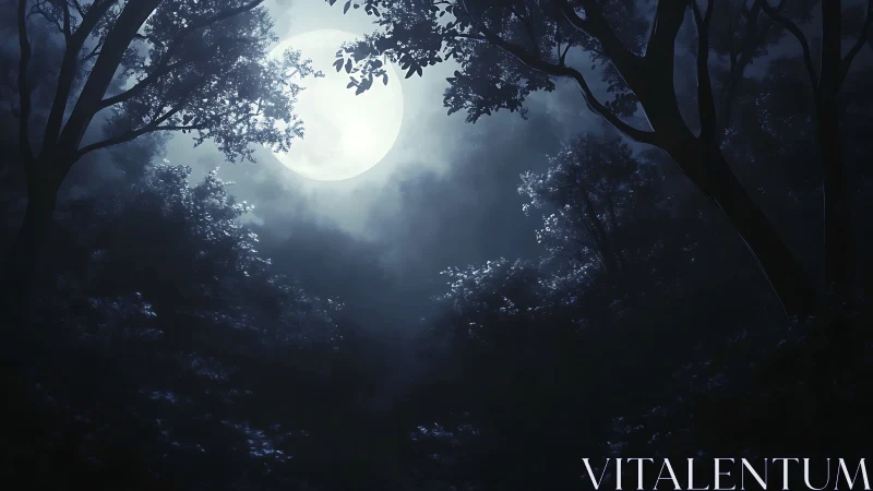 Moonlight threads softly through a midnight forest canopy