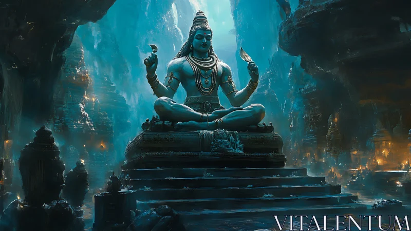 Cavern of the Calm Storm: colossal meditating deity enthroned.