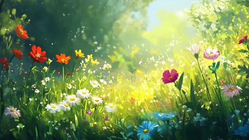 Wildflower Meadow Bathed in Golden Sunlight.