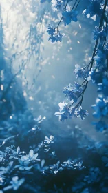 Frost-Covered Flowering Branches Under Blue Light