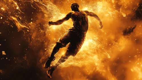 Blazing basketball leap frozen inside a storm of fire.