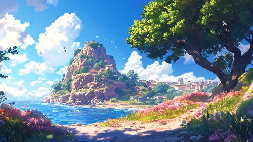 Coastal Citadel: Digital Landscape Rendering with Architectural Prominence.