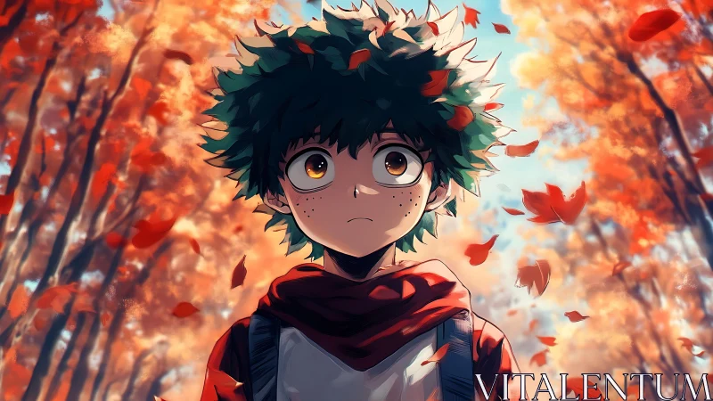 Pensive green‑haired anime boy in vivid autumn forest scene