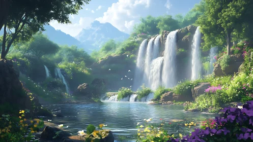 Luminous multi-tier waterfall basin with floristic spectral bloom.