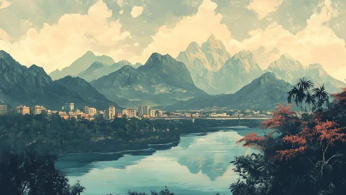 Mountain city skyline reflects across calm river at sunrise