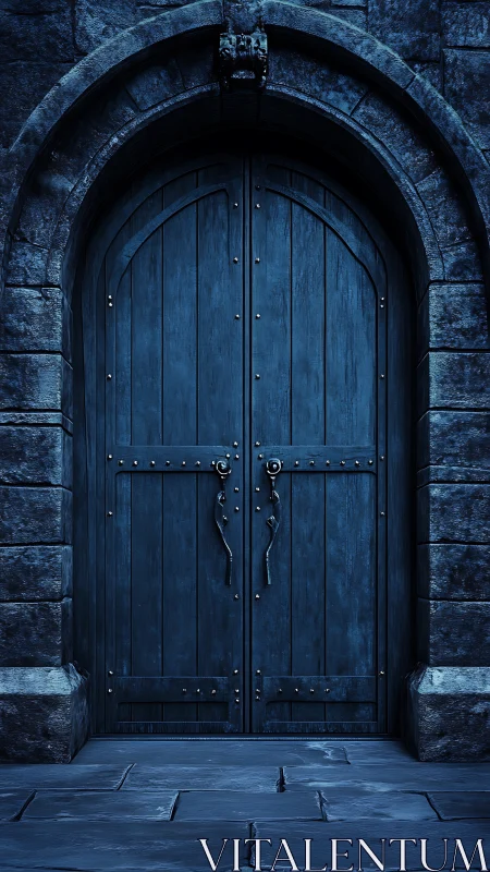 Weathered blue castle doors stand under a stone archway.
