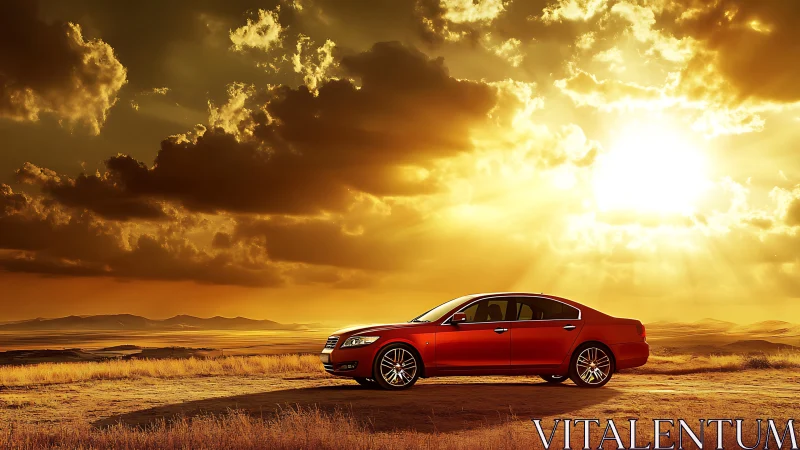 Red sedan parked on dirt road under intense desert sunset