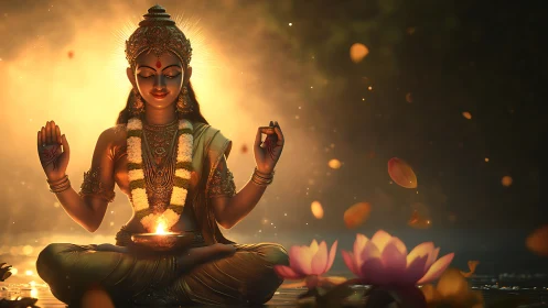 Golden goddess sits in peaceful meditation amid soft lotus light